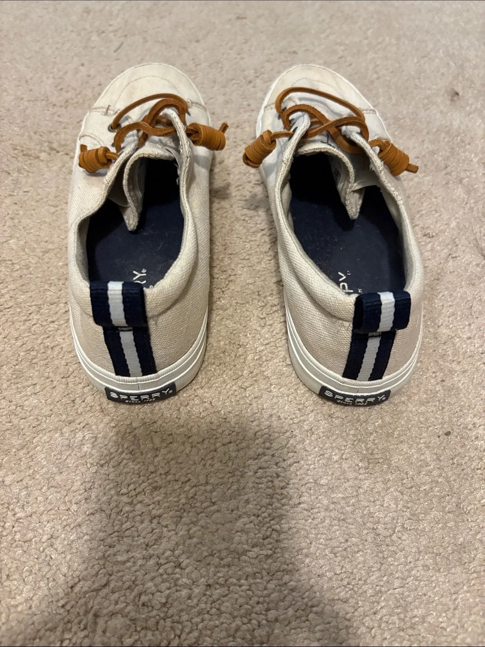 Sperry Women’s Canvas Boat Sneakers in Cream with Navy Stripes